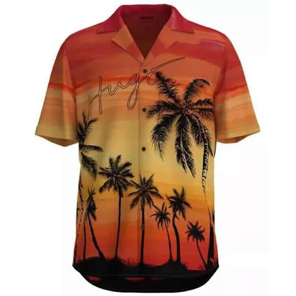 Hugo Boss men's Ellino Sunset Tropical short sleeve Shirt  - Large - retail $148 - Picture 2 of 6